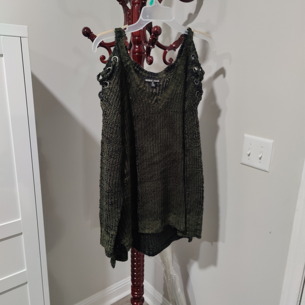 Dark Green Knit Top with Lace-Up Details